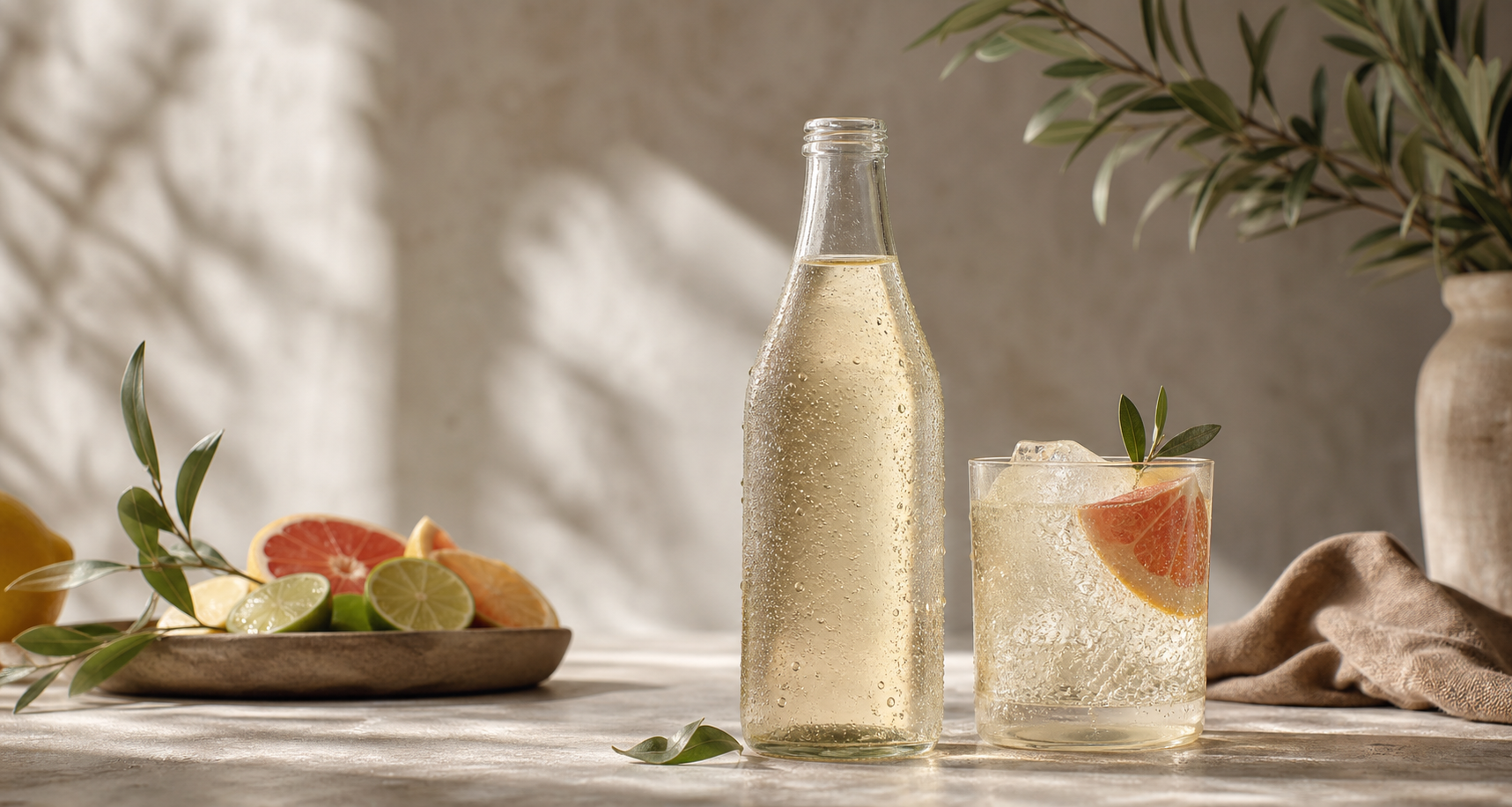 Unbranded sparkling beverage photographed in a lifestyle setup